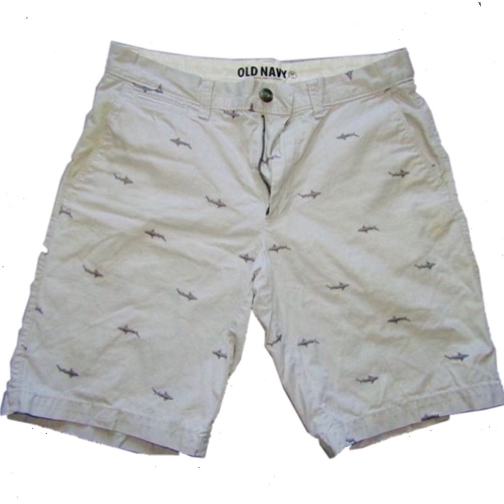 Light grey Old Navy shorts with darker grey sharks